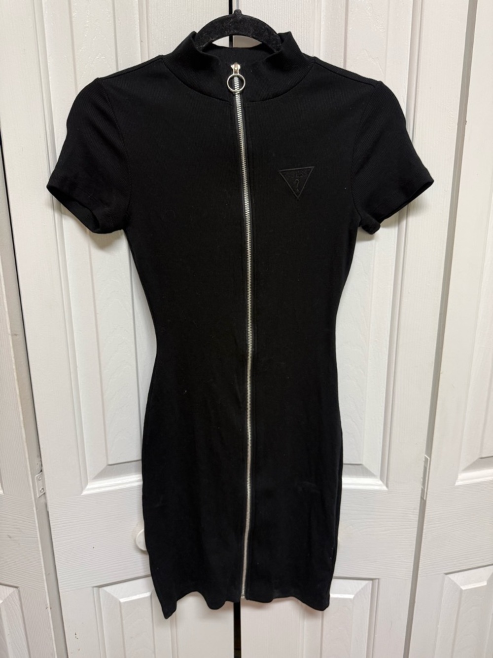 Guess Black Short-Sleeve Front Zip Bodycon Mini Dress